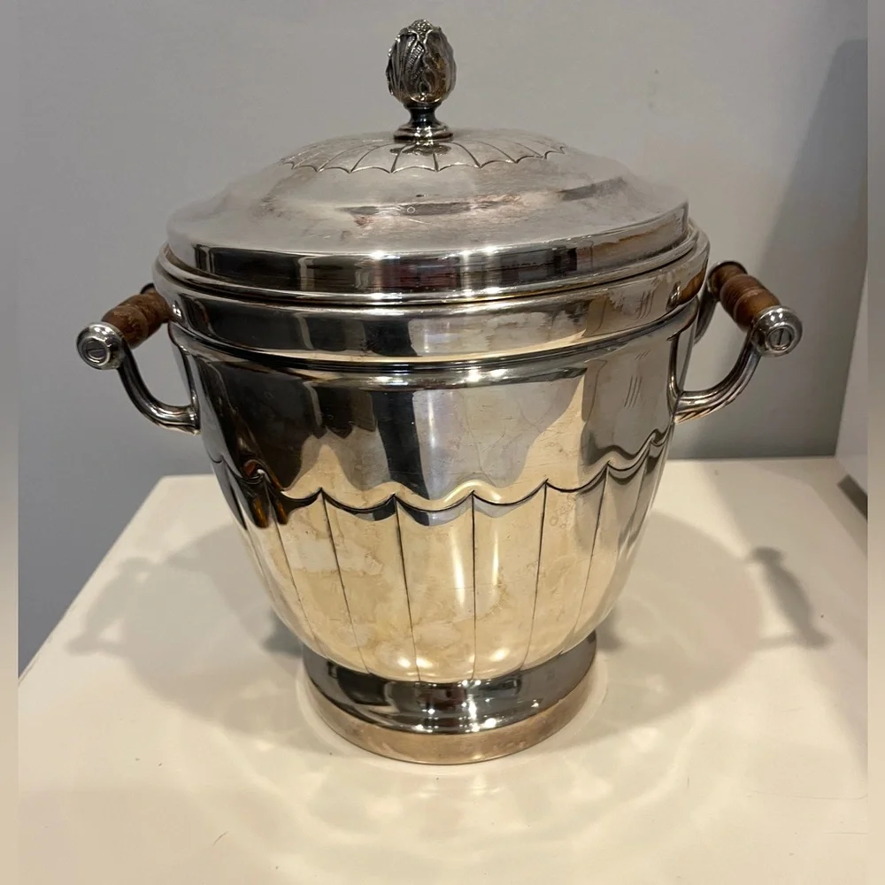 Silver Plated Champagne Cooler with Thermos Brand Glass Insert and lid.